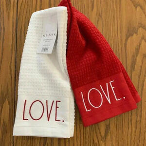 NWT Rae Dunn Set of 2 Kitchen Towels ~ LOVE ~ Red & White Cotton 16”x26”